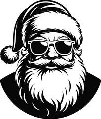 Cool santa claus head with sunglasses beard and hat on transparent background silhouette