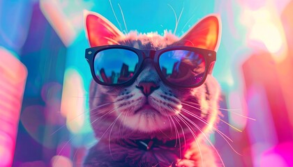 Naklejka premium A cool cat wearing sunglasses with a vibrant, colorful background. Cool cat with sunglasses in vibrant colors
