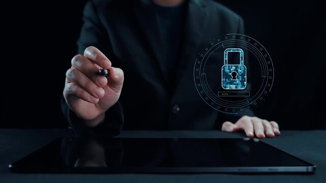 A professional hand engages with a digital tablet, illustrating a high-tech padlock and security icons to represent modern cybersecurity and data protection concepts. Qubit