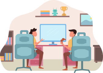 Two People Gaming with Desks Shelves Trophy Illustration in Warm Colored Room with Blue Accents and Pixelated Texture Transparency