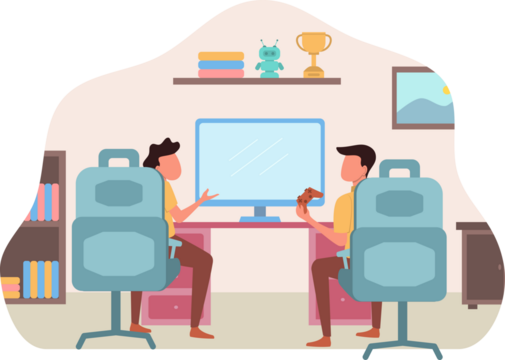 Two People Gaming with Desks Shelves Trophy Illustration in Warm Colored Room with Blue Accents and Pixelated Texture Transparency
