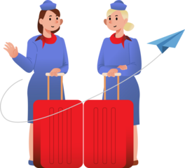 Two Smiling Flight Attendants in Blue Uniforms with Red Suitcases and Paper Airplane on Transparent Background Illustration