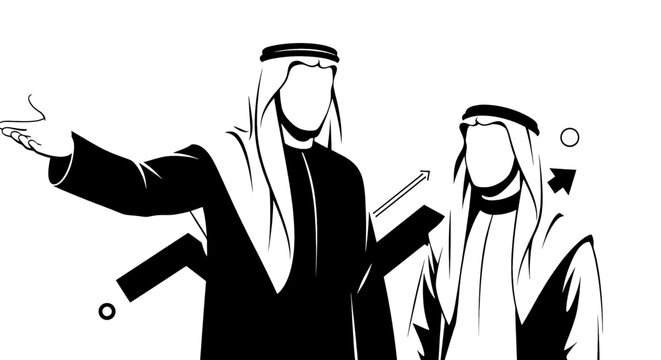 Two Arab men in traditional attire with arrows and circles.