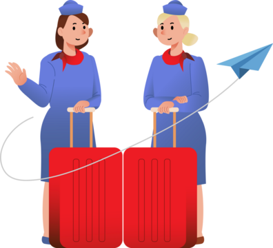Two Smiling Flight Attendants in Blue Uniforms with Red Suitcases and Paper Airplane on Transparent Background Illustration