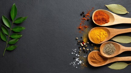 Colorful spices in wooden spoons on a dark surface.