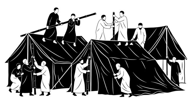Men erecting tents a depiction of community and cooperation in a monochrome illustration.