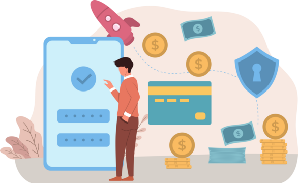 Transparent Background Vector Illustration of Financial Security Concept with Digital Interface Shields and Stacks of Coins on White Background - Powered by Adobe