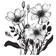 Flower abstract hand-drawn brush, ink or chalk stroke. Sketch hand-drawn silhouette, floral plant, leaf grunge abstract vector illustration. Simple flower, leaf charcoal, pencil, crayon style elements