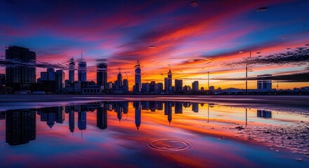 Fototapeta premium A city skyline silhouetted against a colorful sunset sky reflected in a large puddle with ripples Vivid orange red blue and purple clouds adorn the horizon over urban structures