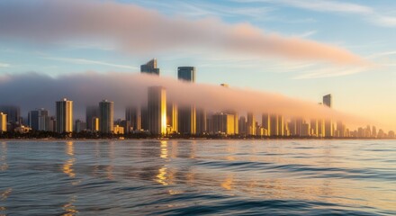 A cityscape at sunrise or sunset with a long cloud formation across the middle obscuring tall buildings Golden light reflects on structures and water
