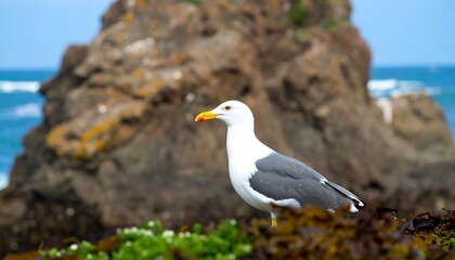 Obraz premium Seagull stands on a rocky, seaweed-covered shore