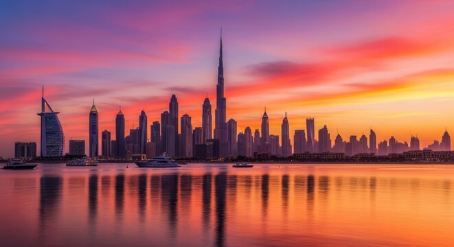 A cityscape at dusk featuring a striking skyline with numerous towering structures and a prominent spire reflected in calm waters under a vibrant colorful sky - Powered by Adobe