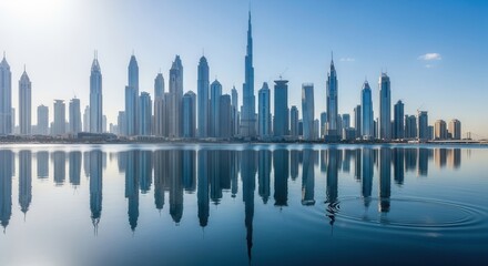 Fototapeta premium A grand skyline of towering modern structures rises above calm water perfectly reflecting the urban panorama under a bright sky with subtle ripples on the surface