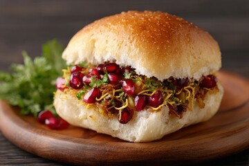 Spiced Potato Dabeli Bun Topped with Pomegranate and Salad Greens