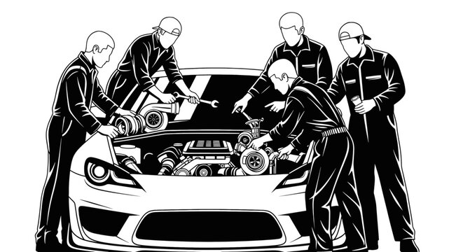 Mechanics working on a car engine automotive repair and maintenance.