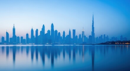 A modern cityscape featuring numerous towering skyscrapers and their reflections in tranquil water bathed in monochromatic blue twilight hues