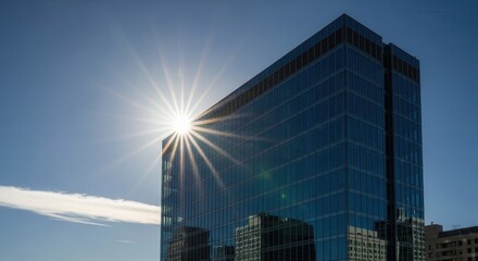A modern glass building facade features a sunburst effect from behind its corner set against a clear blue sky with a wispy cloud