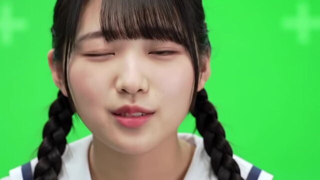 Cute Girl Speaks to Camera on Green Screen