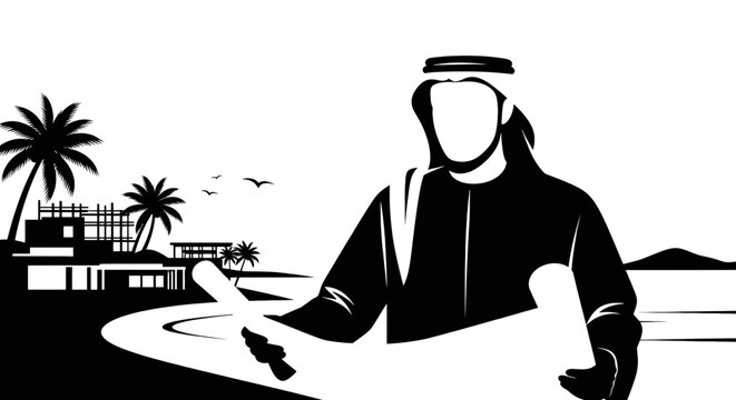 Arab man in traditional attire holding a surfboard on the beach.