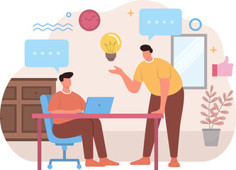 Two Men Discussing Ideas With Laptop and Speech Bubbles on Transparent Background