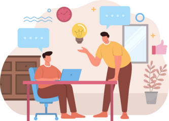 Two Men Discussing Ideas With Laptop and Speech Bubbles on Transparent Background