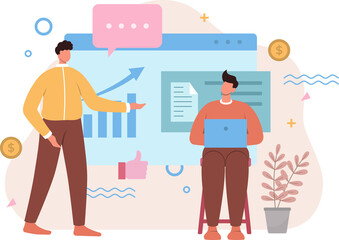 Two Men Collaborating on Business Growth Strategy with Laptop on Transparent Background Teamwork Concept in Flat Style Cartoon Vector Illustration