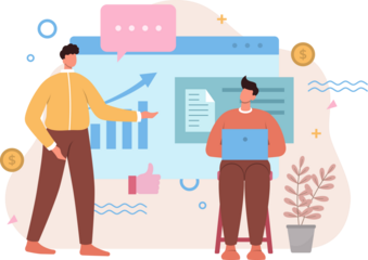 Two Men Collaborating on Business Growth Strategy with Laptop on Transparent Background Teamwork Concept in Flat Style Cartoon Vector Illustration