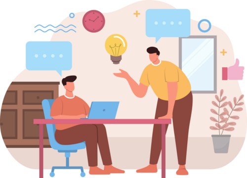 Two Men Discussing Ideas With Laptop and Speech Bubbles on Transparent Background