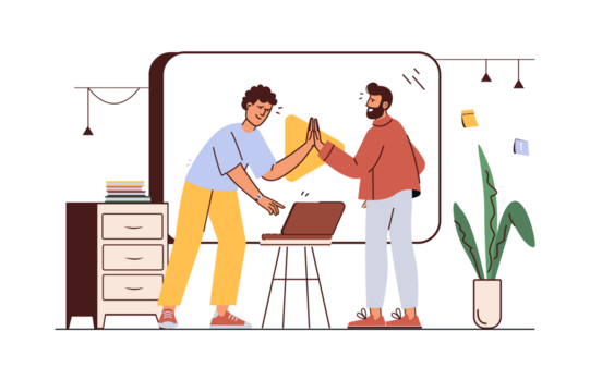 Two Men Collaborating on Project Using Laptop in Office With Transparent Background