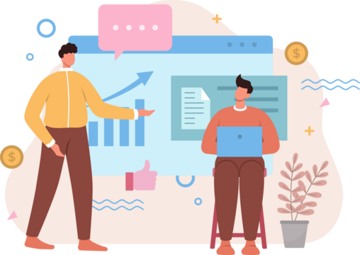 Two Men Collaborating on Business Growth Strategy with Laptop on Transparent Background Teamwork Concept in Flat Style Cartoon Vector Illustration