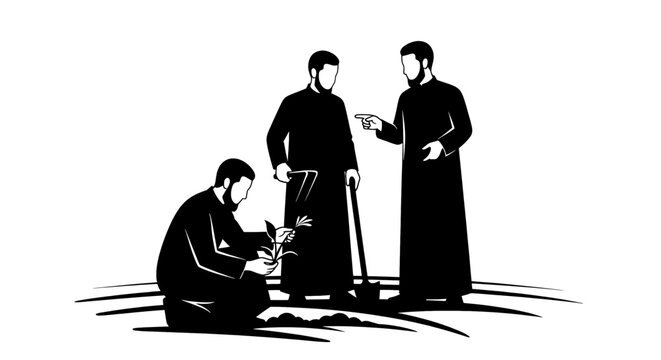 Three men in black robes planting a flower in the ground teamwork concept.
