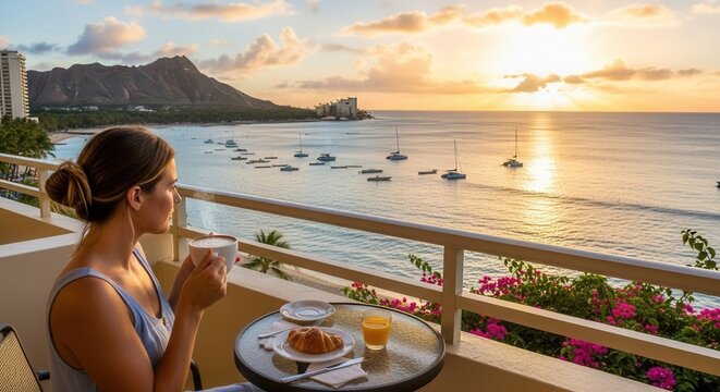 A person on a balcony overlooks a bay at sunrise holding a coffee cup with a croissant and orange juice on a table Mountains and boats are visible in the background - Powered by Adobe