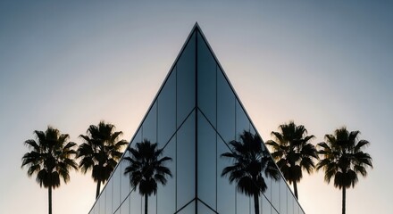 A sharp peaked glass building facade reflecting palm trees against a graduated sky