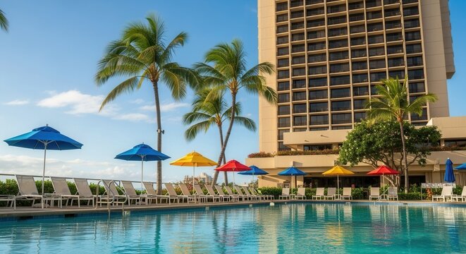 A resort swimming pool with colorful umbrellas lounge chairs and tall palm trees in front of a multi-story building under a blue sky