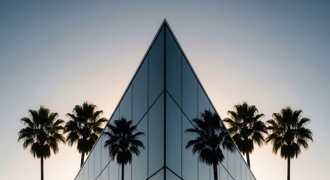A sharp peaked glass building facade reflecting palm trees against a graduated sky - Powered by Adobe