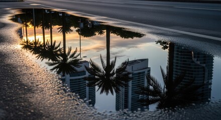 A street puddle reflects silhouetted palm trees and modern buildings against a colorful sky at dawn or dusk