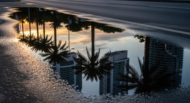 A street puddle reflects silhouetted palm trees and modern buildings against a colorful sky at dawn or dusk - Powered by Adobe