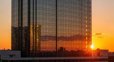 A tall glass-paneled building reflects a vibrant orange sunset with the suns glare visible on the right Clouds and distant structures are also mirrored on its surface
