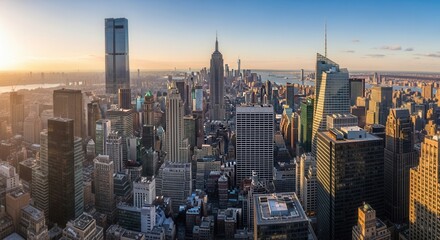 A vast urban skyline bathed in warm sunlight featuring numerous tall buildings and a prominent river with a soft horizon under a clear sky