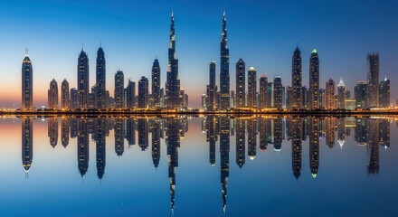A vibrant city skyline at twilight features numerous illuminated skyscrapers perfectly mirrored in calm dark water under a gradient sky