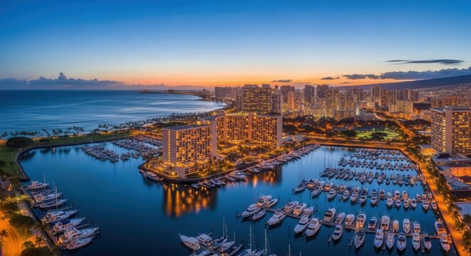 A vibrant city skyline at twilight overlooking a marina with many boats Illuminated buildings a palm-lined coast and ocean are visible under a colorful sky