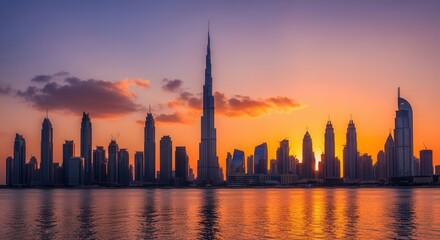 Obraz premium A vibrant cityscape at sunset features numerous towering skyscrapers reflecting on calm water under a gradient sky transitioning from purple to bright orange and yellow