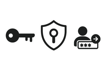 Key and shield icon set for cyber security. Vector illustration of login, password, and user access concepts. Symbols for authentication, privacy protection, and data safety.