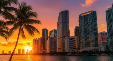 A vibrant cityscape at sunset featuring tall buildings along a waterfront with palm trees in the foreground and a radiant sky