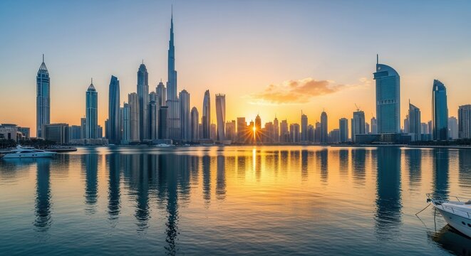 A vibrant cityscape at sunrise featuring numerous tall skyscrapers reflecting in calm water with a bright sunburst near the horizon and boats moored nearby - Powered by Adobe