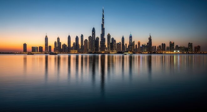 A vibrant cityscape at twilight featuring a prominent exceptionally tall skyscraper and numerous other high-rise buildings reflected in calm water under a gradient sky