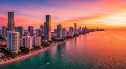 A vibrant panoramic cityscape at dusk featuring numerous tall buildings lining a sandy beach alongside a colorful ocean all under a stunning orange and pink sky