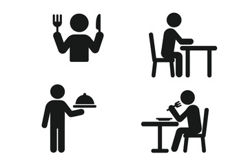 Restaurant and dining icons set. Man eating food symbol, person sitting at table, holding fork and knife. Waiter serving meal pictogram for cafe menu and catering service vector.