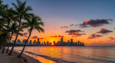 A vibrant sunset casts warm light over a coastal city skyline reflected in calm waters Palm trees lean over a sandy beach in the foreground