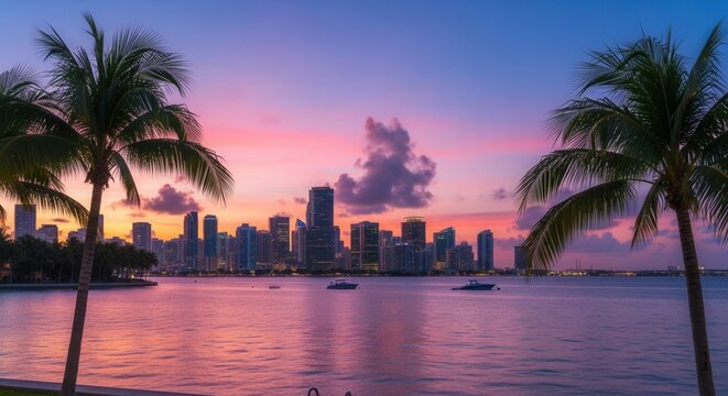 A vibrant sunset bathes a modern city skyline and a tranquil bay with multiple boats Palm trees frame the scene with colorful clouds in the sky